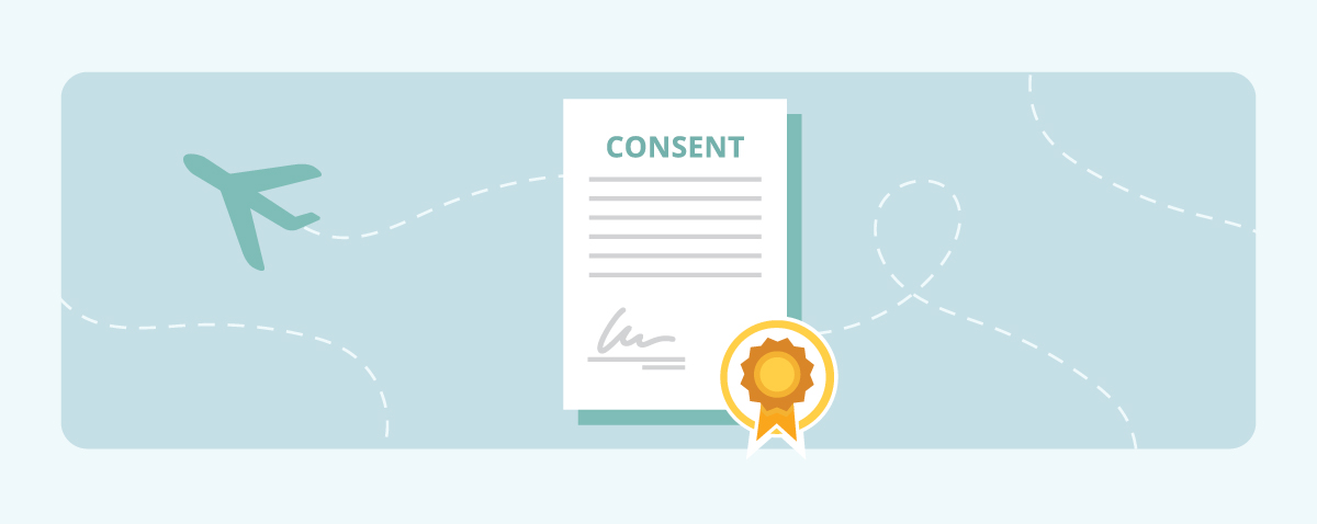 Child consent form icon in front of an airplane icon and blue background