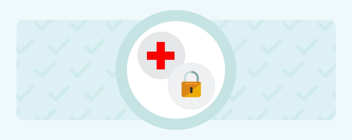 Simplified icons of a red cross and a padlock within a circle. The background is a repeating pattern of checkmarks.