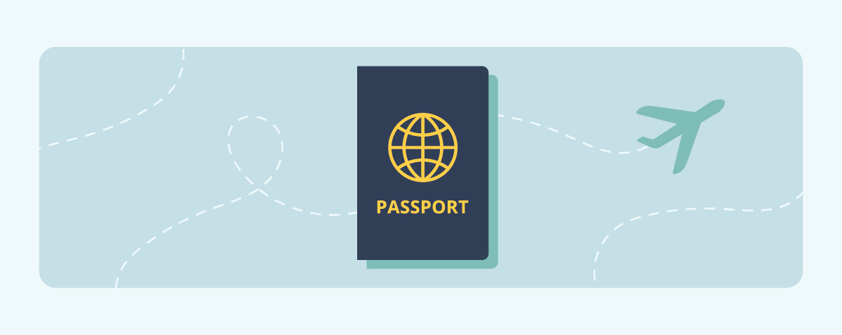 Icon of the front of a passport in front of an icon of a plane on a blue background